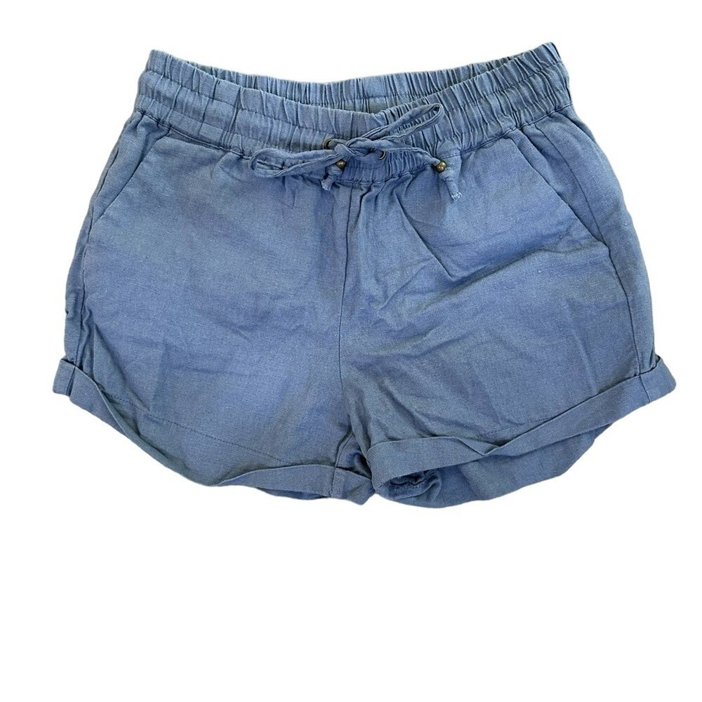 Y2K Womens Sz M‎ Linen Blend Cuffed Blue Chambray Shorts Coastal Cottage Cowgirl